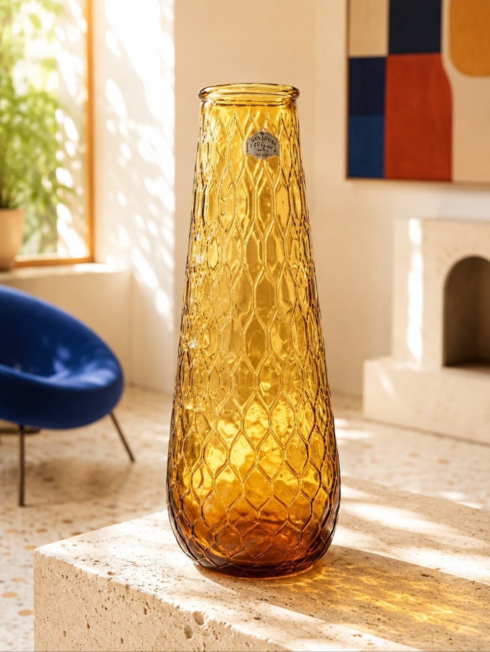 Vintage Guildcraft Italy Empoli Amber Honeycomb Art Glass Vase 12"